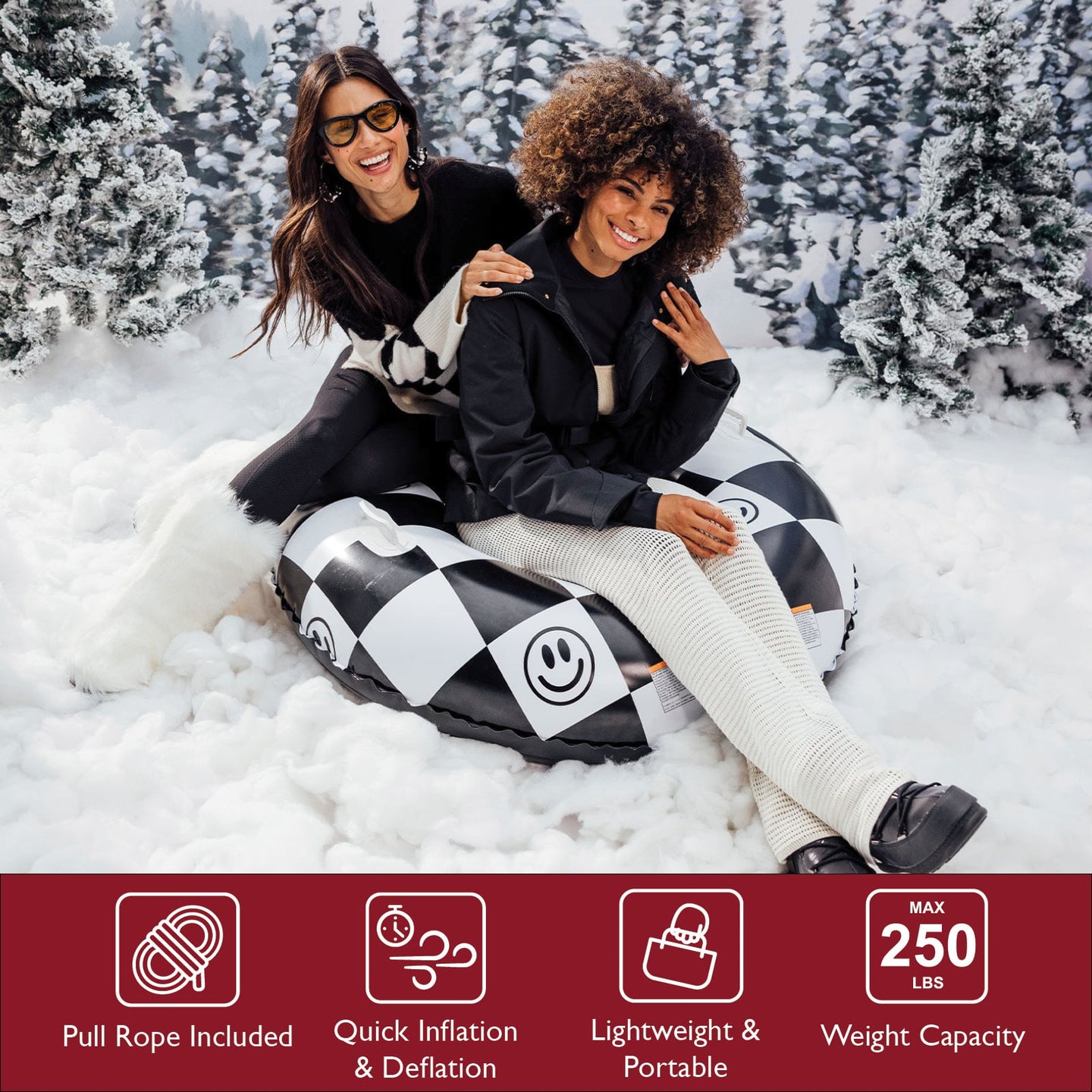 Image of snow tube with text overlay. he FUNBOY Snow Tube is the perfect downhill snow tube for backyard snow play for the whole family this winter. We've created a commercial quality snow tube that works just as great as it looks! Featuring a reinforced dual-layer base design, We've created a strong and durable snow tube that features a flat base for smooth downhill sledding. The oversized 46'' (deflated) diameter is big enough for the largest adults and holds up to 250 pounds