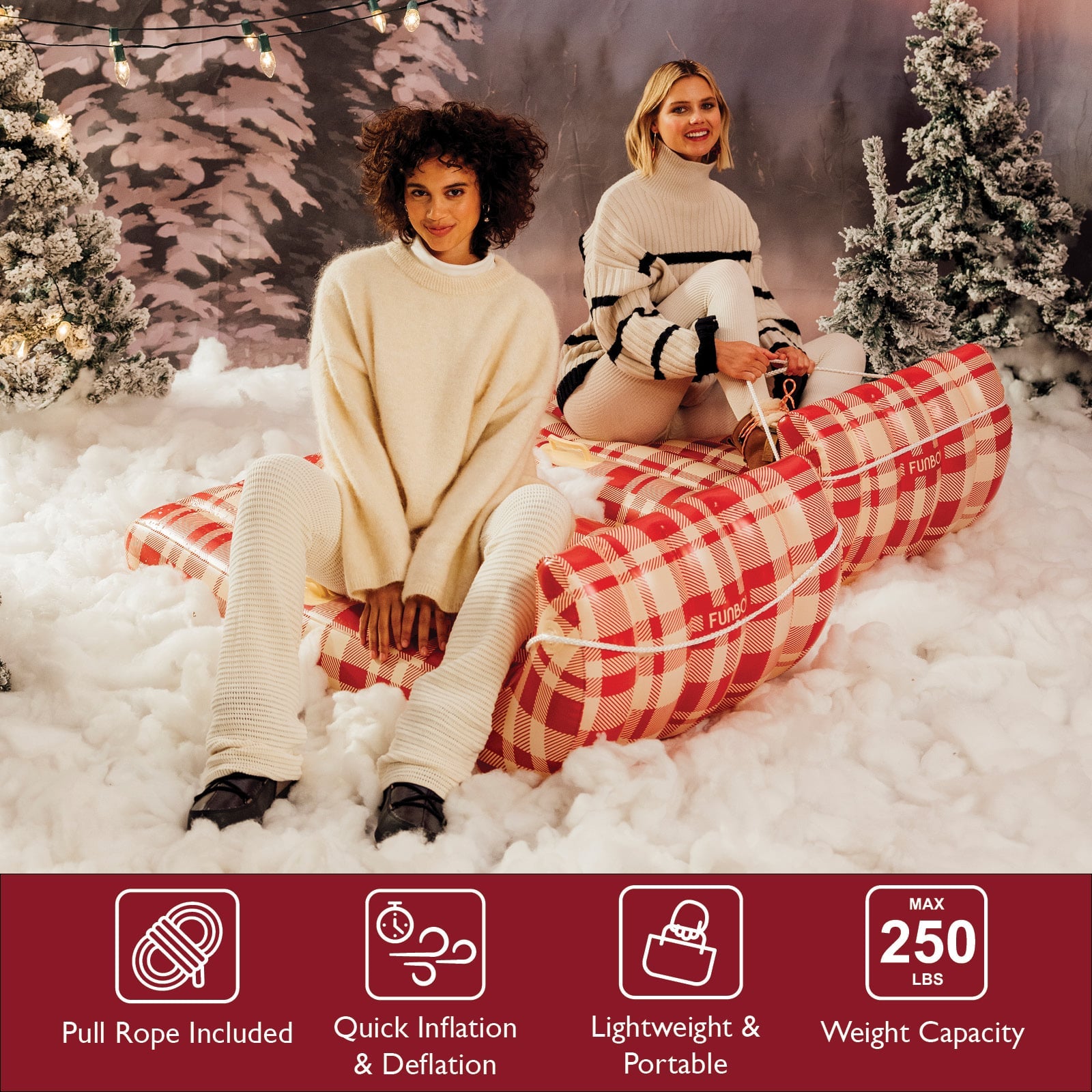 FUNBOY Toboggan Winter Snow Sled. Pull Rope Included. Quick Inflation & Deflation. Lightweight & Portable. 250 lb weight capacity.