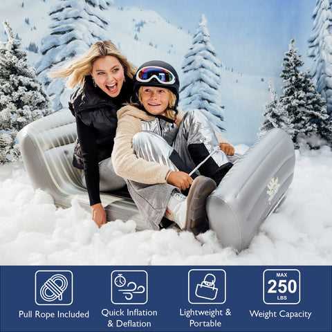 Winter Snow Sled - Silver Sleigh. Text overlay. Pull Rope Included. Quick Inflation & Deflation. Lightweight & Portable. 250 lb weight capacity.
